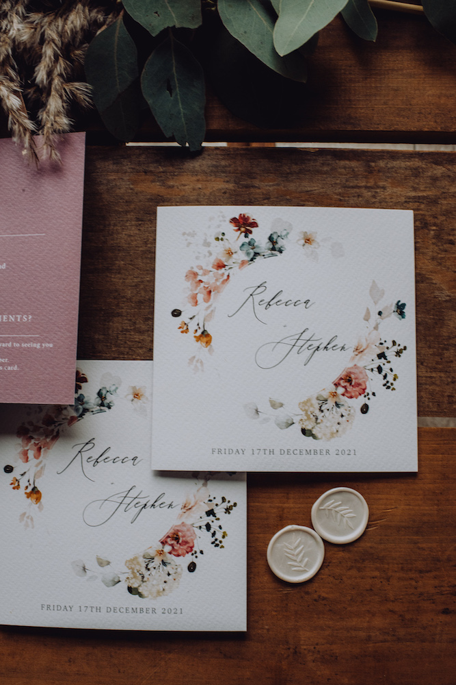 square invite in digital print with autumnal floral wreath