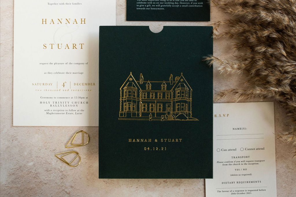 HUNTER GREEN CARD SLEEVE WITH GOLD HOT FOIL VENUE ILLUSTRATION OF MAGHERMORNE HOUSE