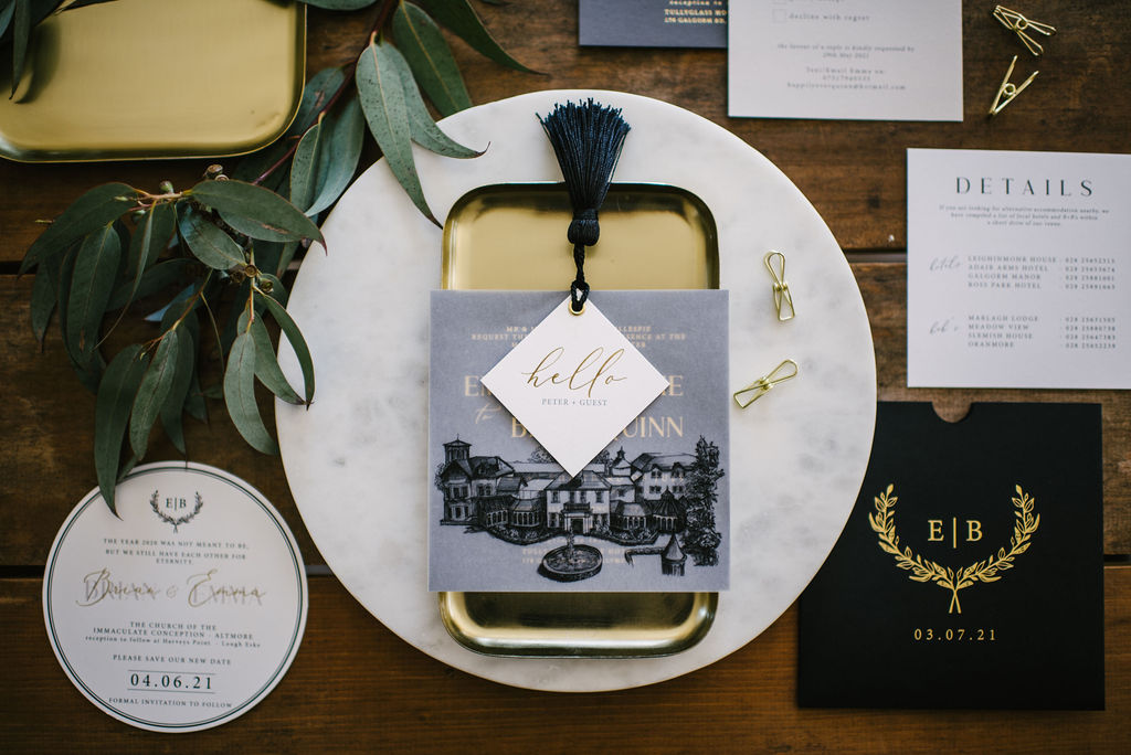 Bespoke Luxury Wedding Invitation, Black and gold hot foil wedding invitation suite