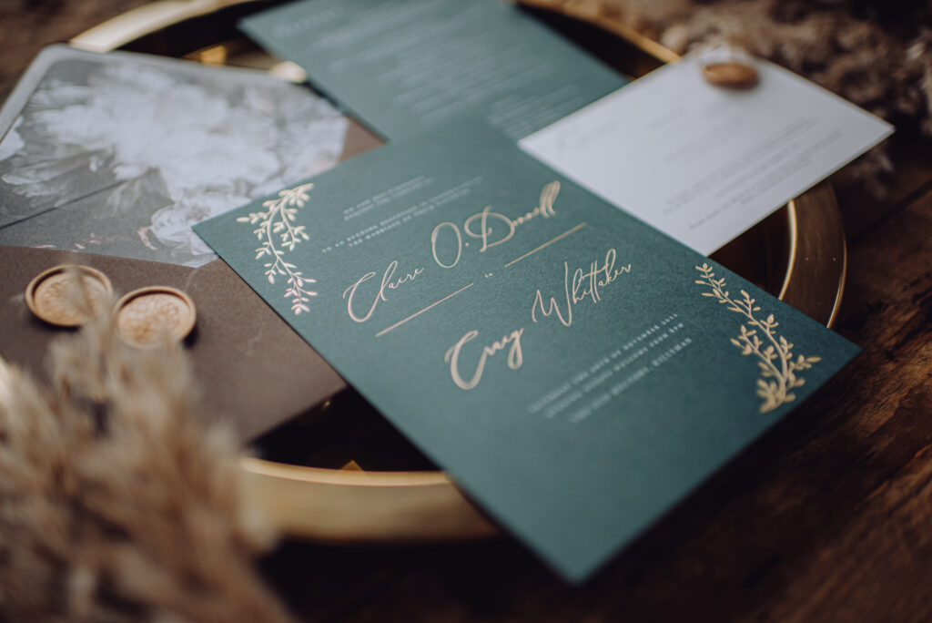 hunter green invitations with Gold hot foil printing 