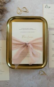 luxury hot foil invitation on cream card stock with gold foil and silk ribbon - celeste suite